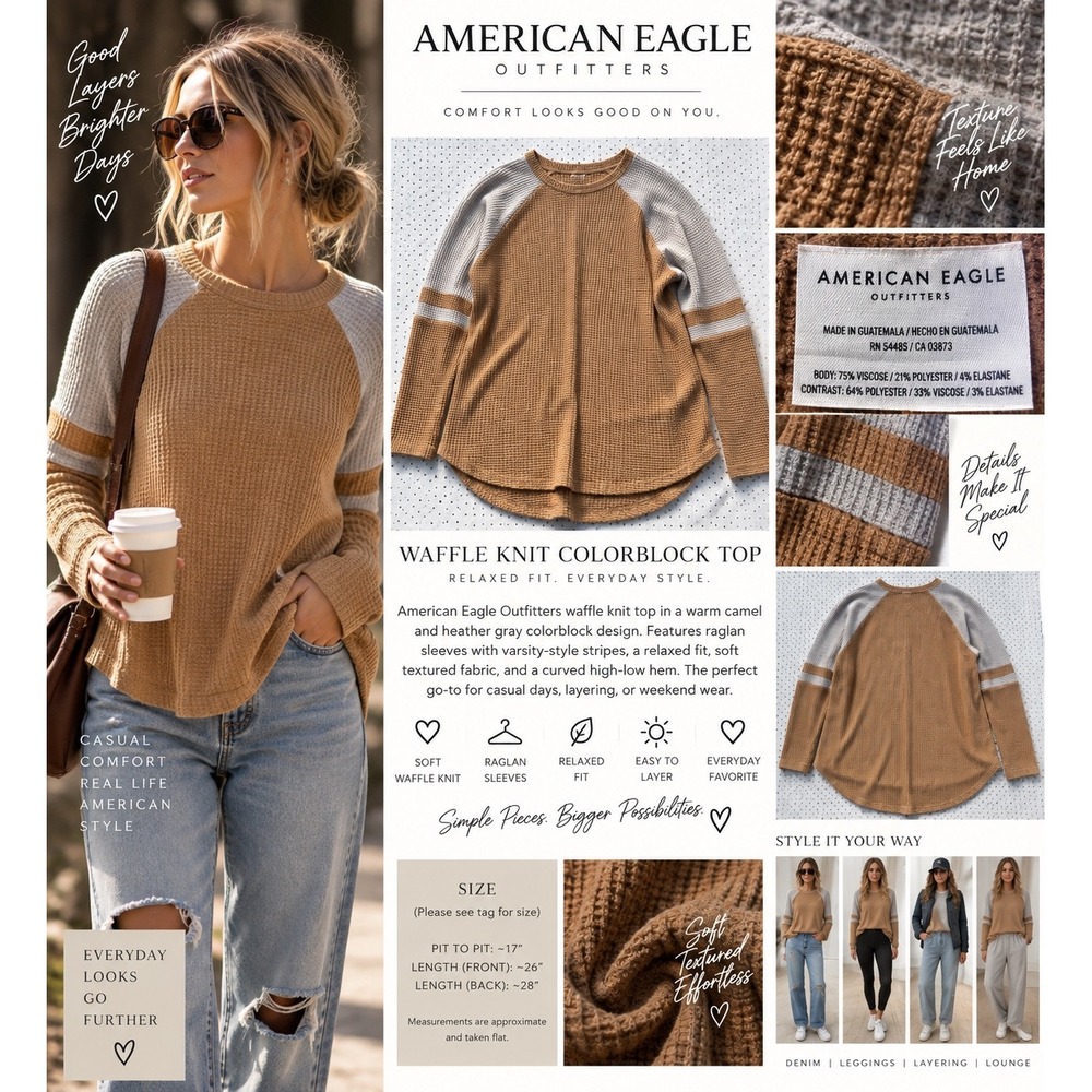 American Eagle Waffle Knit Thermal Top Camel Gray Colorblock Varsity Raglan XS